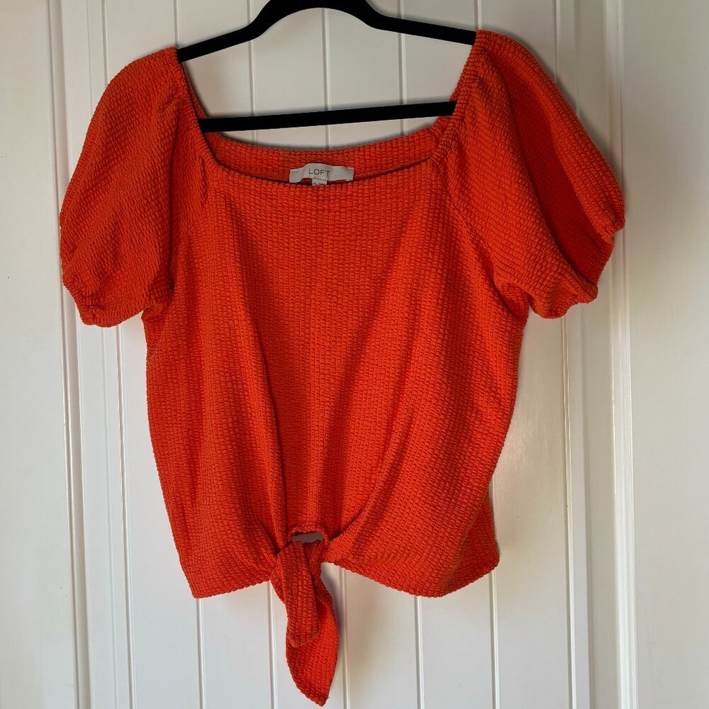 LOFT Orange Tie-Front Top Square Neck Puff Short Sleeve Blouse Medium